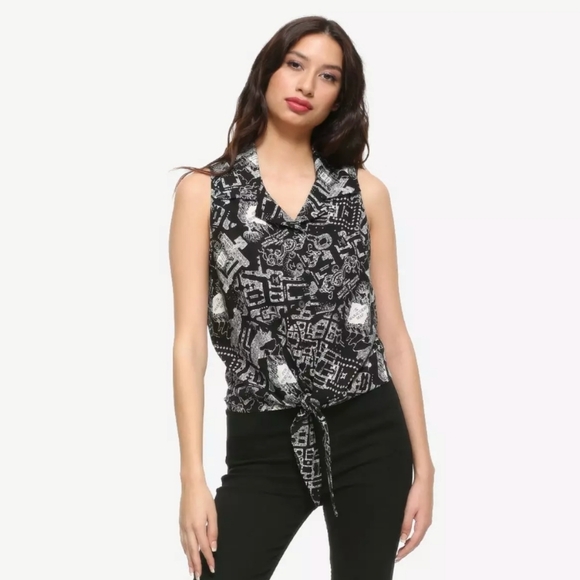 Harry Potter Black and White Marauders Map Tank Top Tie-Front Blouse - Picture 1 of 5